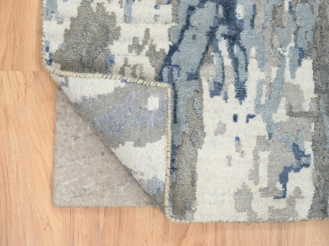 4'2" x 11'9" New Hand Knotted Blue Wool & Silk Runner Oriental Rug - MOA10264551
