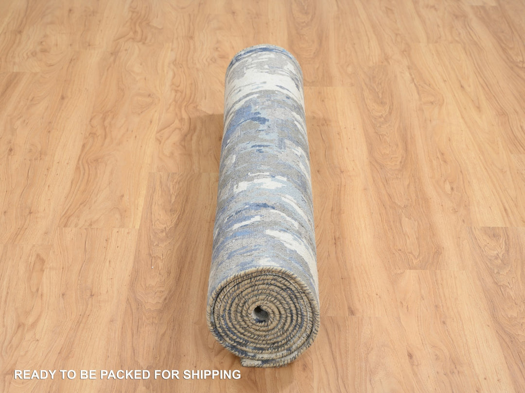 4'2" x 11'9" New Hand Knotted Blue Wool & Silk Runner Oriental Rug - MOA10264551