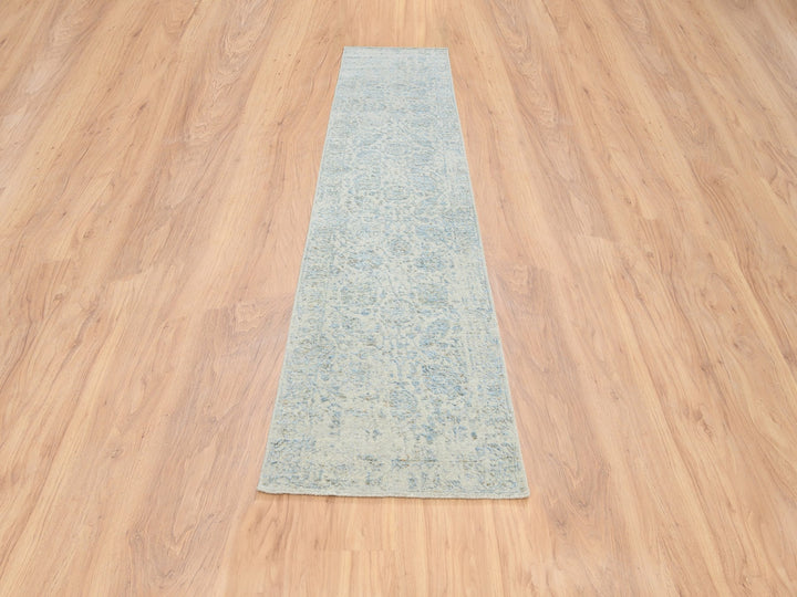 2'7" x 12'0" New Hand Loomed Blue Wool & Silk Runner Oriental Rug - MOA10264552