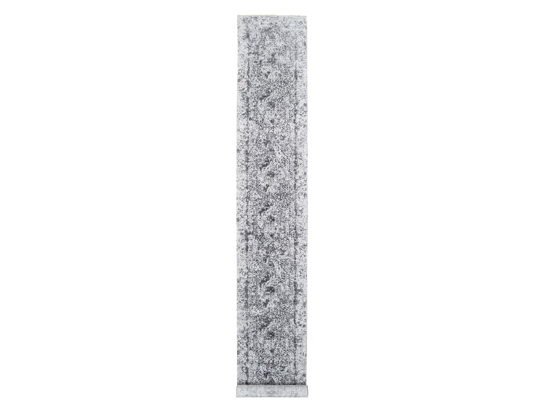 2'7" x 18'1" New Hand Knotted Grey Wool & Silk Runner Oriental Rug - MOA10264559