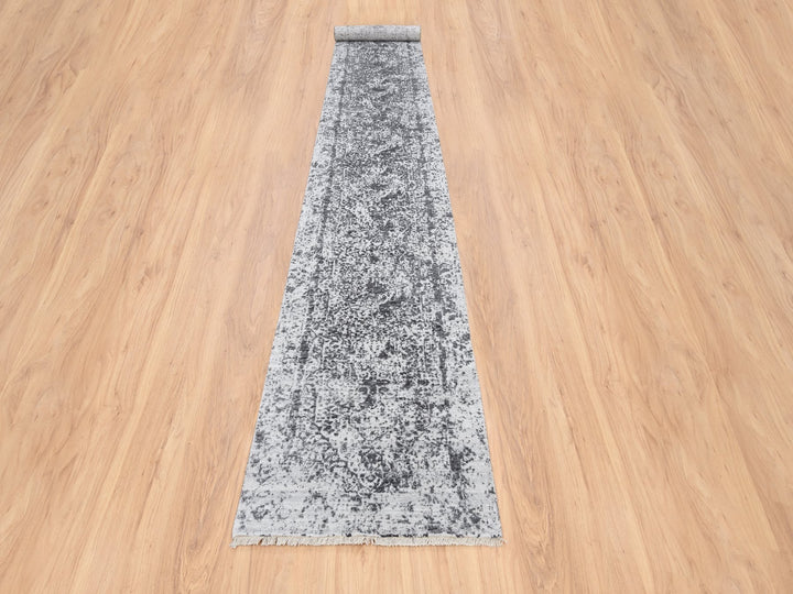 2'7" x 18'1" New Hand Knotted Grey Wool & Silk Runner Oriental Rug - MOA10264559