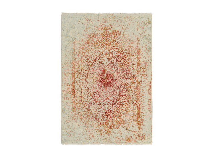 4'2" x 6'0" New Hand Knotted Ivory Wool & Silk Rectangle Oriental Rug - MOA10264561