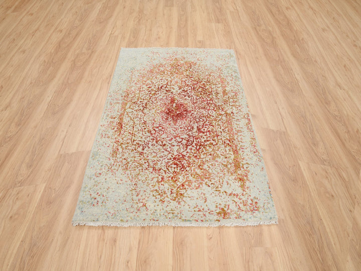 4'2" x 6'0" New Hand Knotted Pink Wool & Silk Rectangle Oriental Rug - MOA10264561