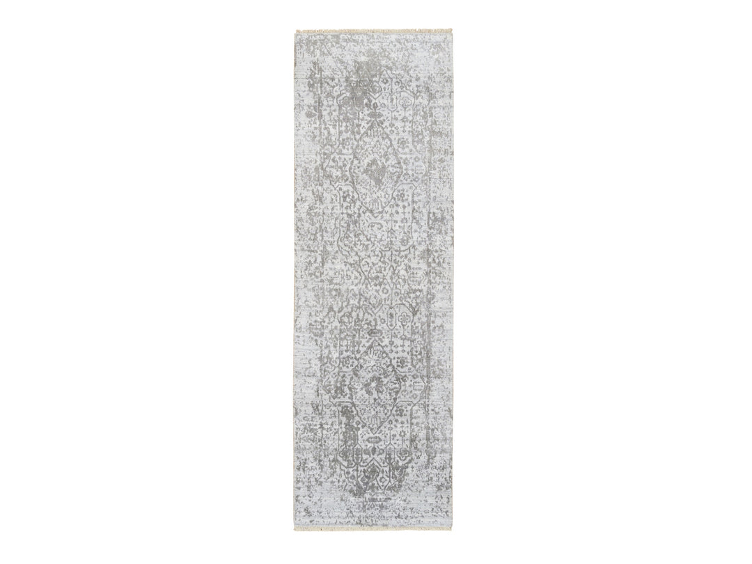 2'6" x 8'0" New Hand Knotted Grey Wool & Silk Runner Oriental Rug - MOA10264600