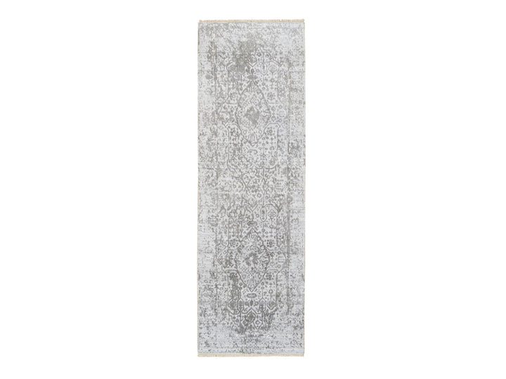 2'6" x 8'0" New Hand Knotted Grey Wool & Silk Runner Oriental Rug - MOA10264600