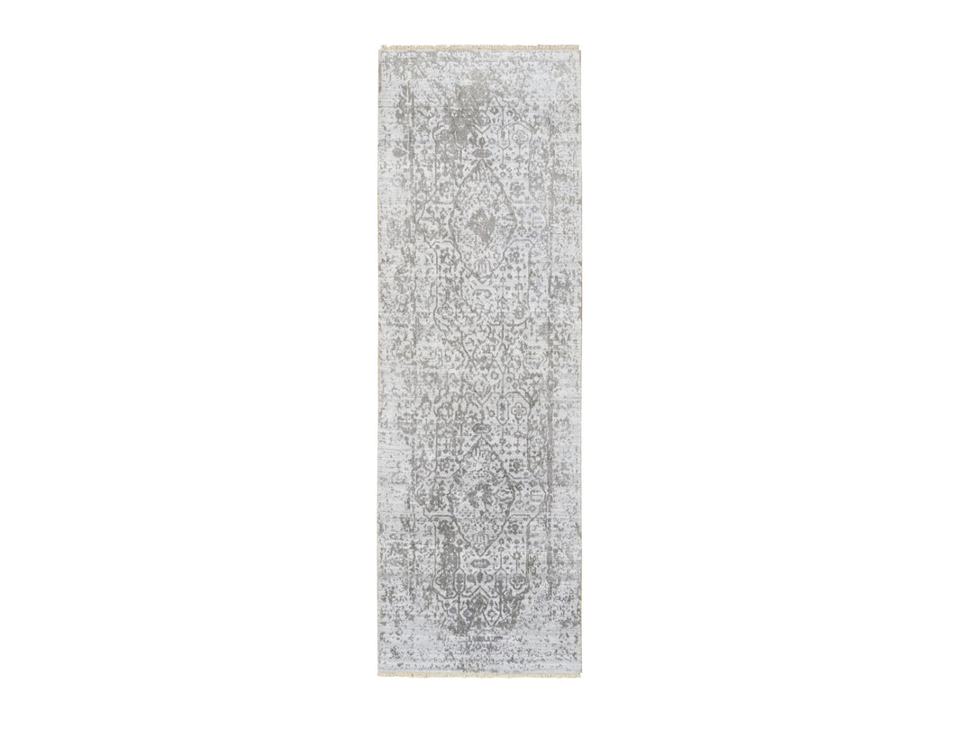 2'6" x 7'10" New Hand Knotted Grey Wool & Silk Runner Oriental Rug - MOA10264603