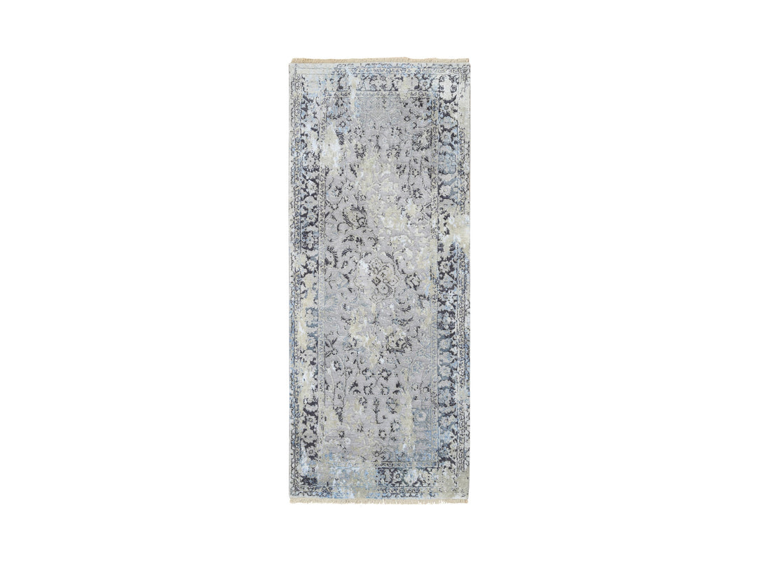 2'6" x 6'1" New Hand Knotted Grey Wool & Silk Runner Oriental Rug - MOA10264609