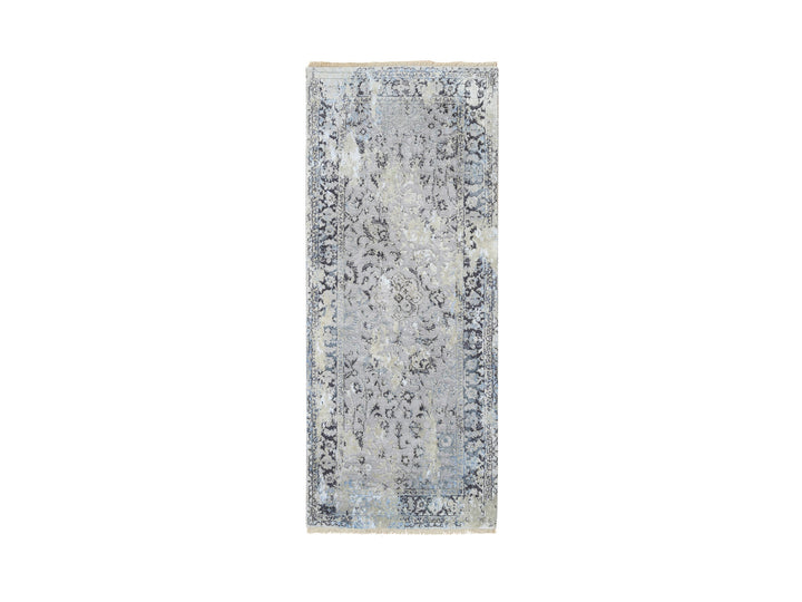 2'6" x 6'1" New Hand Knotted Grey Wool & Silk Runner Oriental Rug - MOA10264609