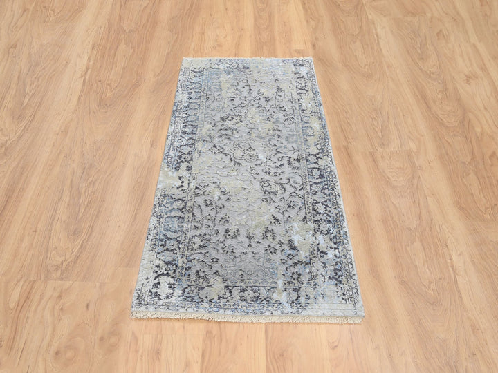 2'6" x 6'1" New Hand Knotted Grey Wool & Silk Runner Oriental Rug - MOA10264609