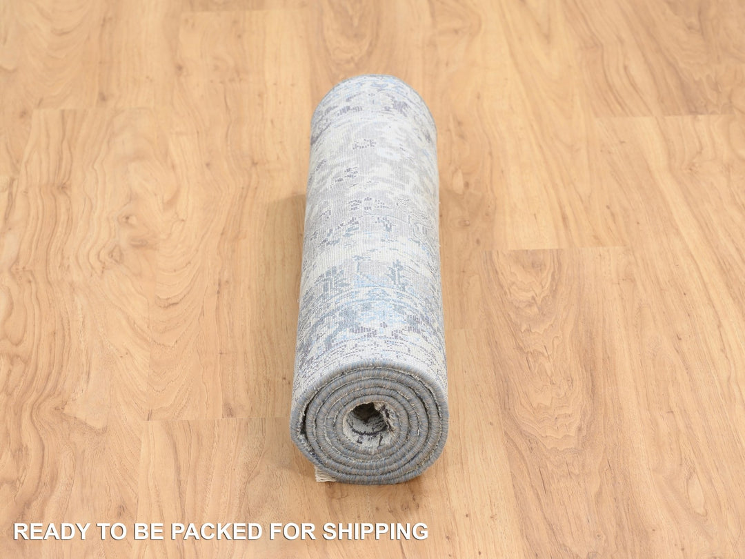 2'6" x 6'1" New Hand Knotted Grey Wool & Silk Runner Oriental Rug - MOA10264609