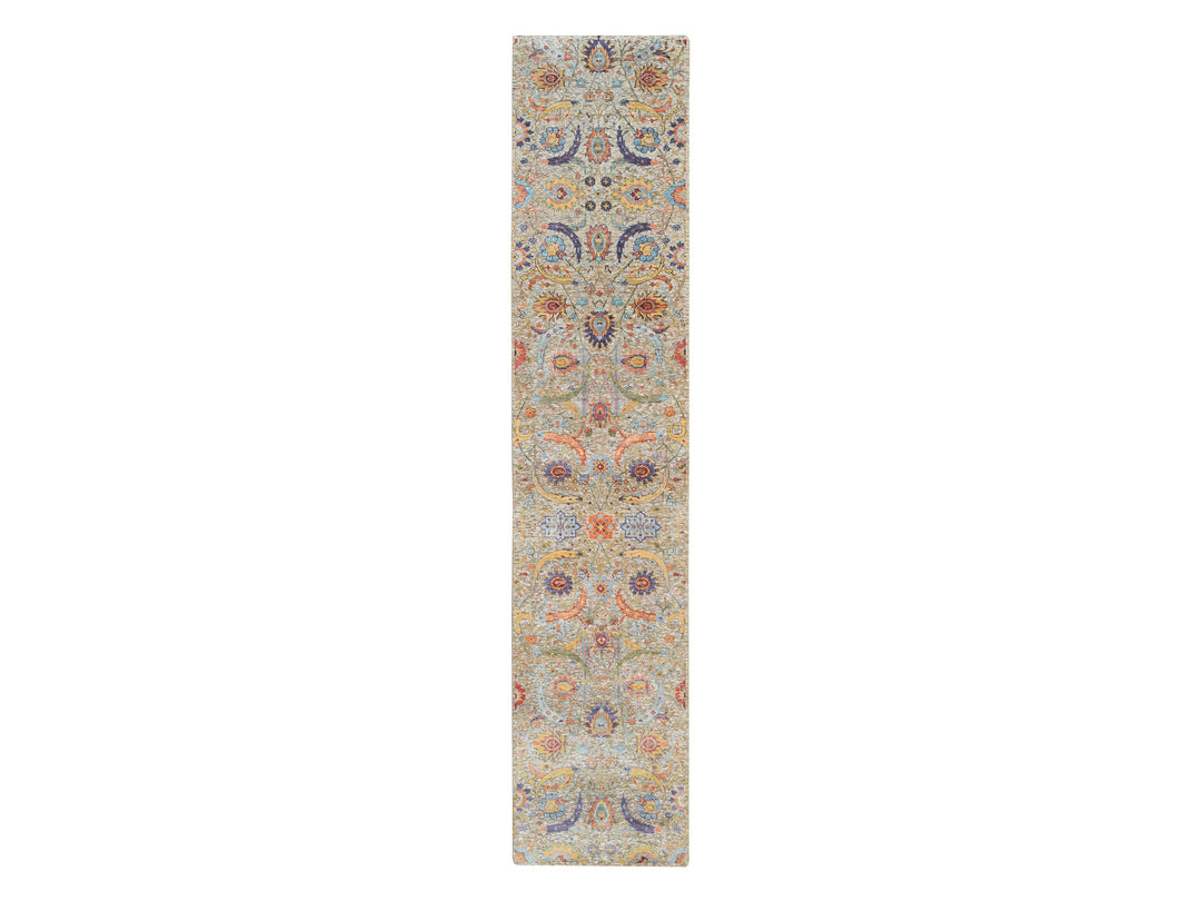 2'7" x 12'4" New Hand Knotted Beige Wool & Silk Runner Oriental Rug - MOA10264653