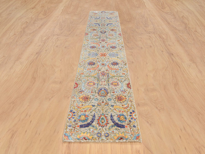 2'7" x 12'4" New Hand Knotted Beige Wool & Silk Runner Oriental Rug - MOA10264653
