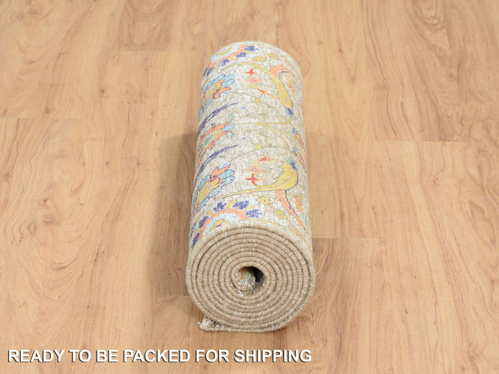 2'7" x 12'4" New Hand Knotted Beige Wool & Silk Runner Oriental Rug - MOA10264653