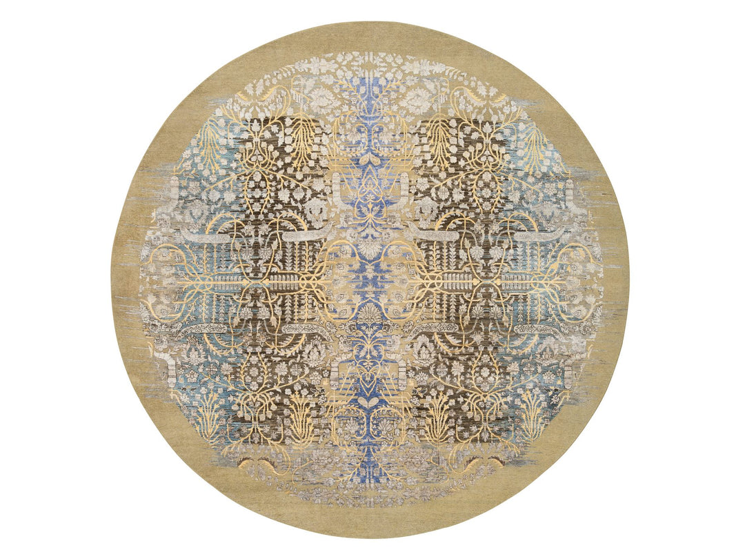 10'0" x 10'0" New Hand Knotted Brown Wool & Silk Round Oriental Rug - MOA10264661