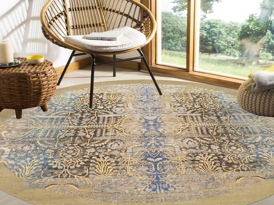 10'0" x 10'0" New Hand Knotted Brown Wool & Silk Round Oriental Rug - MOA10264661