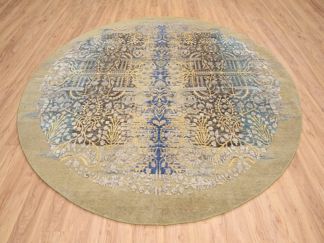 10'0" x 10'0" New Hand Knotted Brown Wool & Silk Round Oriental Rug - MOA10264661