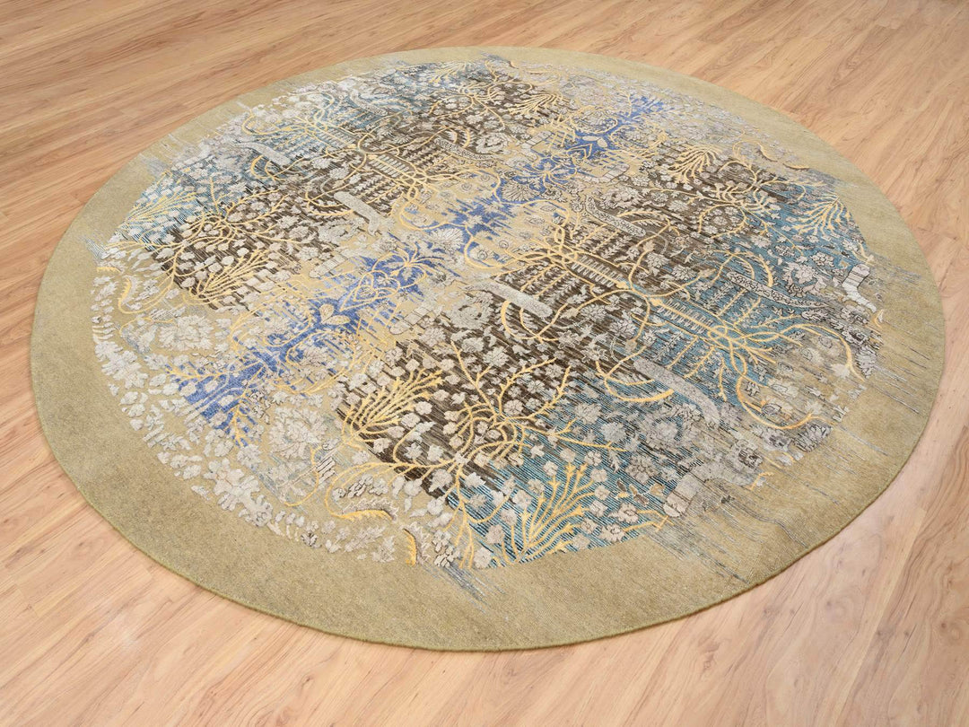 10'0" x 10'0" New Hand Knotted Brown Wool & Silk Round Oriental Rug - MOA10264661