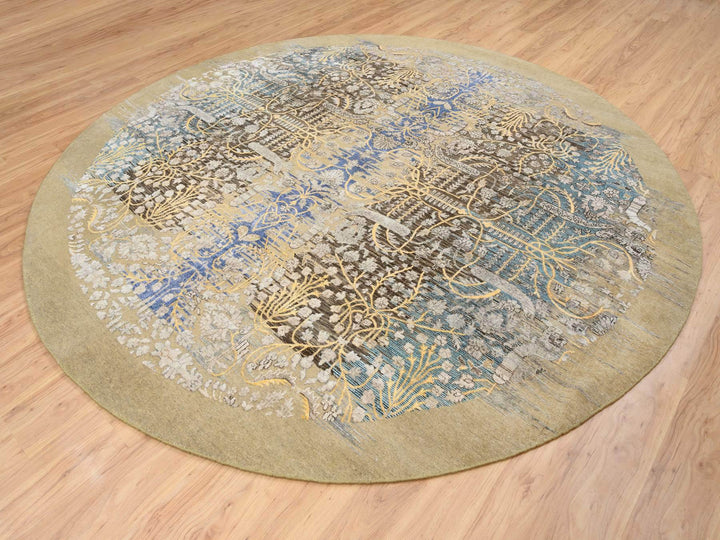10'0" x 10'0" New Hand Knotted Brown Wool & Silk Round Oriental Rug - MOA10264661