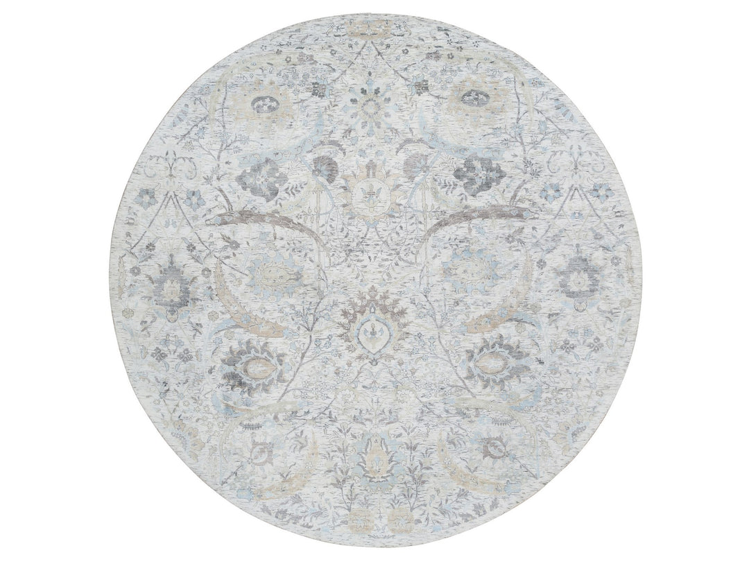 9'9" x 9'9" New Hand Knotted Ivory Wool & Silk Round Oriental Rug - MOA10264662