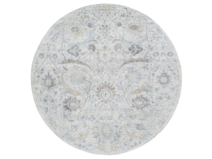 9'9" x 9'9" New Hand Knotted Ivory Wool & Silk Round Oriental Rug - MOA10264662