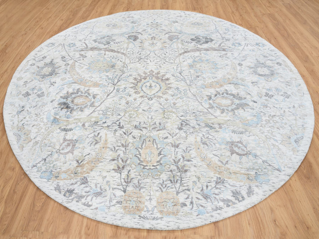 9'9" x 9'9" New Hand Knotted Ivory Wool & Silk Round Oriental Rug - MOA10264662