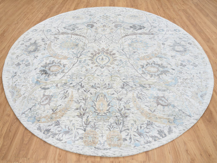 9'9" x 9'9" New Hand Knotted Ivory Wool & Silk Round Oriental Rug - MOA10264662