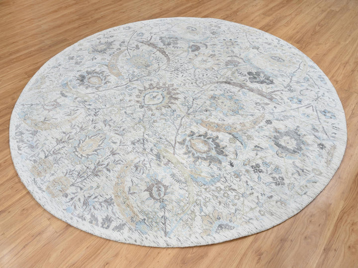 9'9" x 9'9" New Hand Knotted Ivory Wool & Silk Round Oriental Rug - MOA10264662
