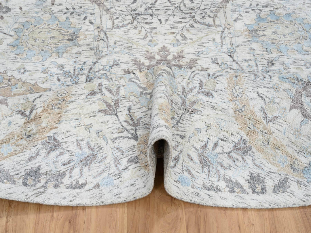 9'9" x 9'9" New Hand Knotted Ivory Wool & Silk Round Oriental Rug - MOA10264662
