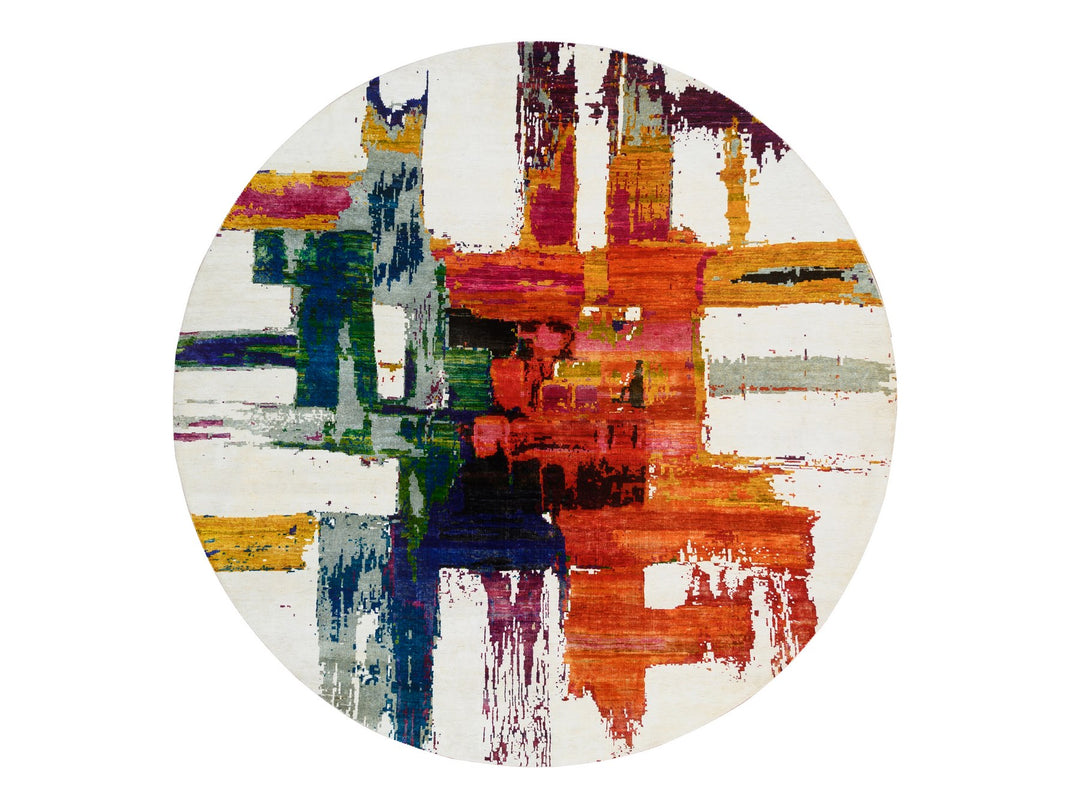 8'9" x 8'9" New Hand Knotted Multicolored Wool & Silk Round Oriental Rug - MOA10264665