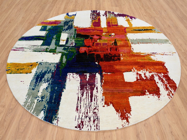 8'9" x 8'9" New Hand Knotted Multicolored Wool & Silk Round Oriental Rug - MOA10264665