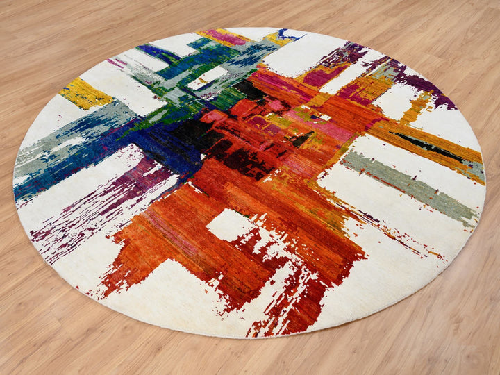 8'9" x 8'9" New Hand Knotted Multicolored Wool & Silk Round Oriental Rug - MOA10264665