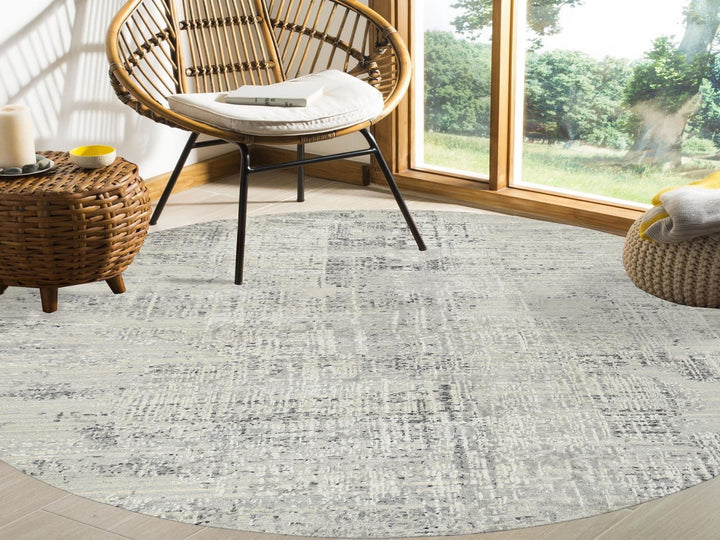 7'10" x 7'10" New Hand Knotted Grey Wool Round Oriental Rug - MOA10264700