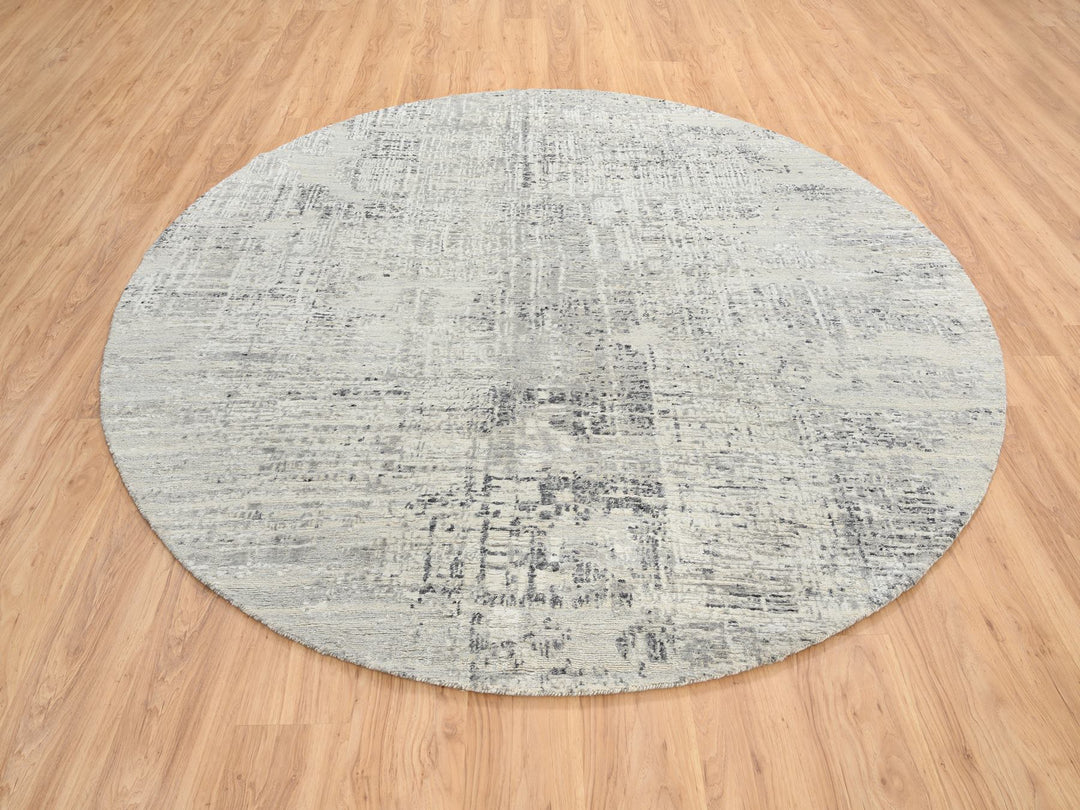 7'10" x 7'10" New Hand Knotted Grey Wool Round Oriental Rug - MOA10264700