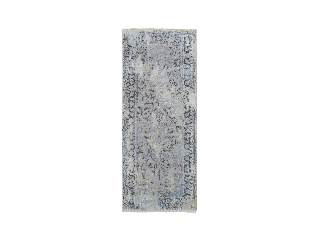 2'6" x 6'0" New Hand Knotted Grey Wool & Silk Runner Oriental Rug - MOA10264828
