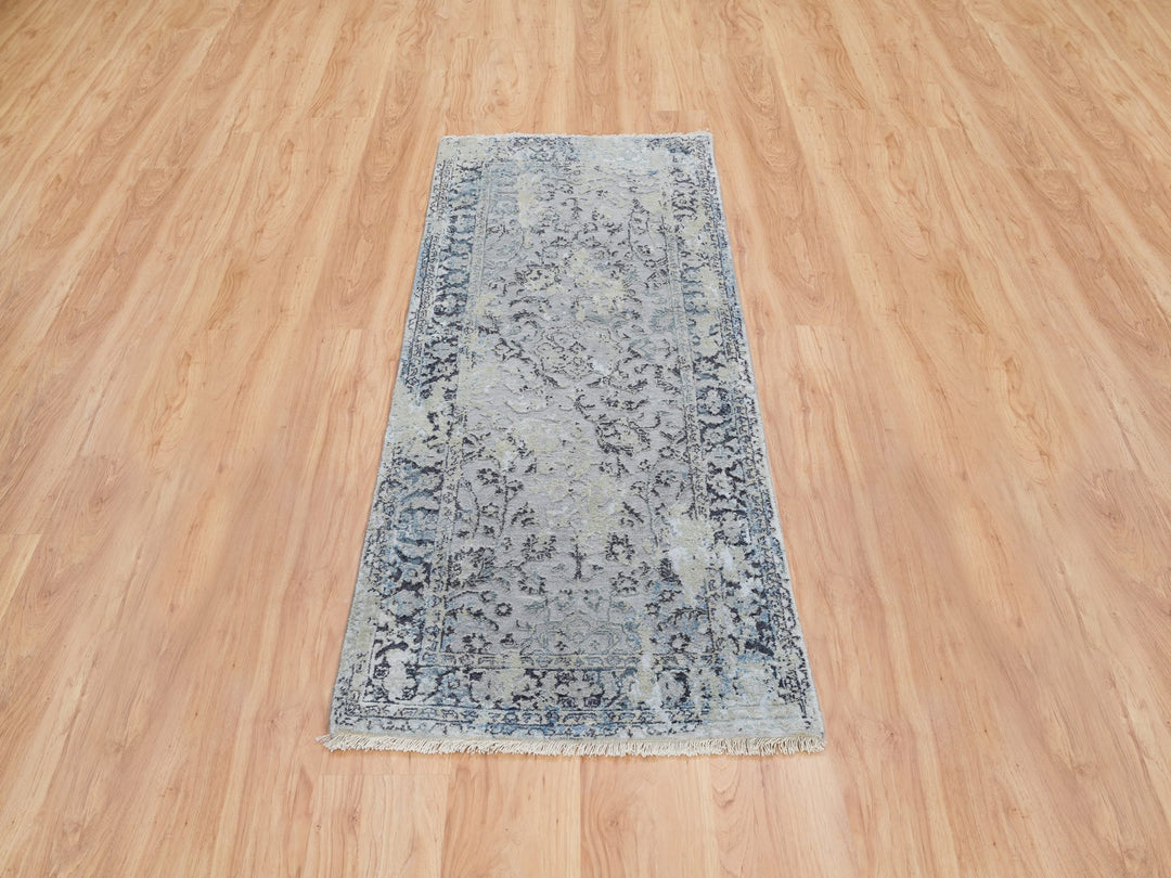 2'6" x 6'0" New Hand Knotted Grey Wool & Silk Runner Oriental Rug - MOA10264828