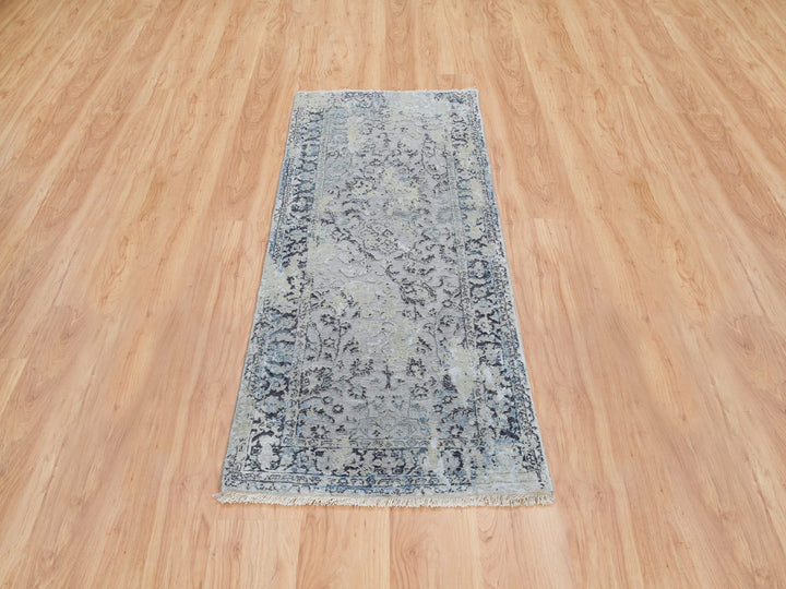 2'6" x 6'0" New Hand Knotted Grey Wool & Silk Runner Oriental Rug - MOA10264828