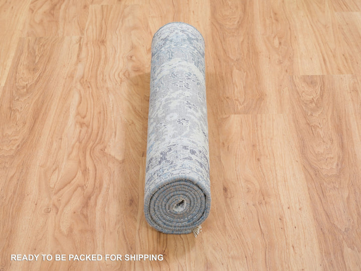 2'6" x 6'0" New Hand Knotted Grey Wool & Silk Runner Oriental Rug - MOA10264828