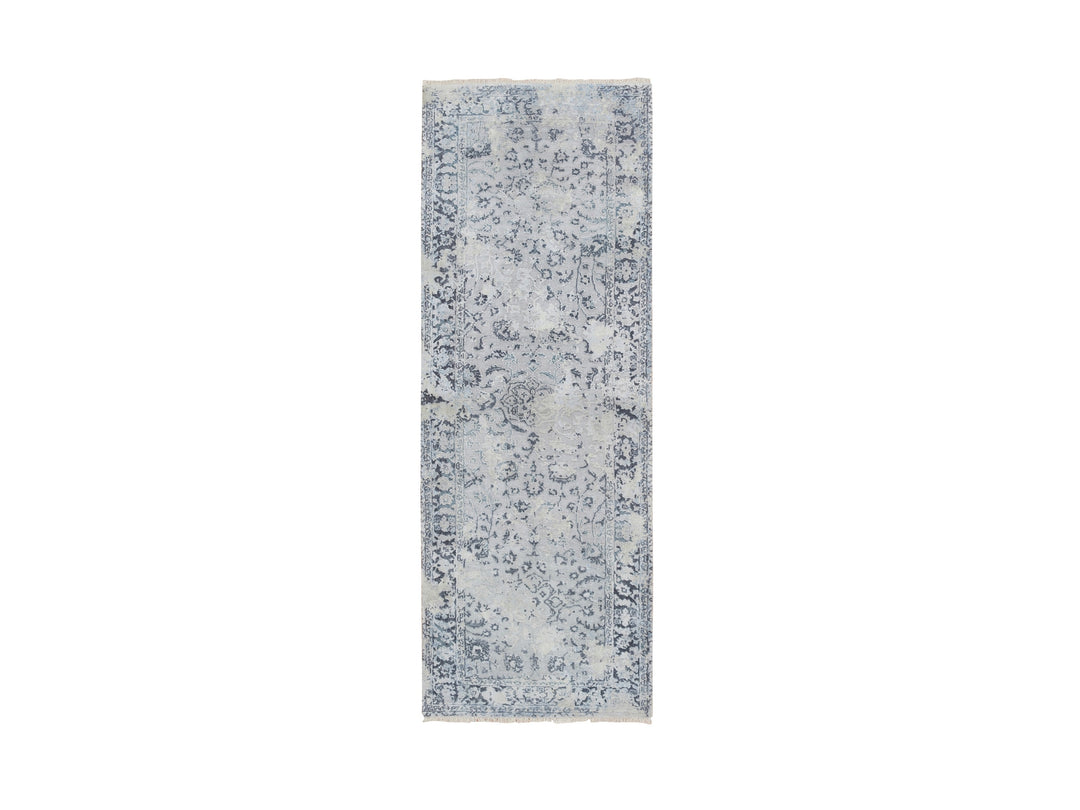 2'9" x 7'8" New Hand Knotted Grey Wool & Silk Runner Oriental Rug - MOA10264829