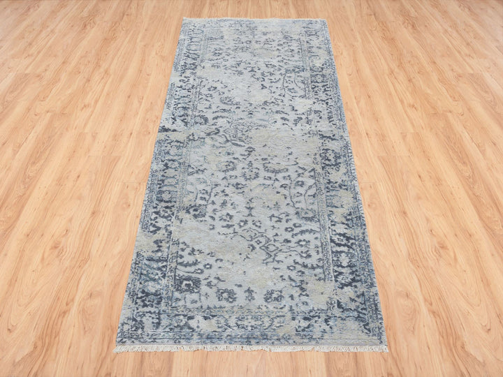 2'9" x 7'8" New Hand Knotted Grey Wool & Silk Runner Oriental Rug - MOA10264829
