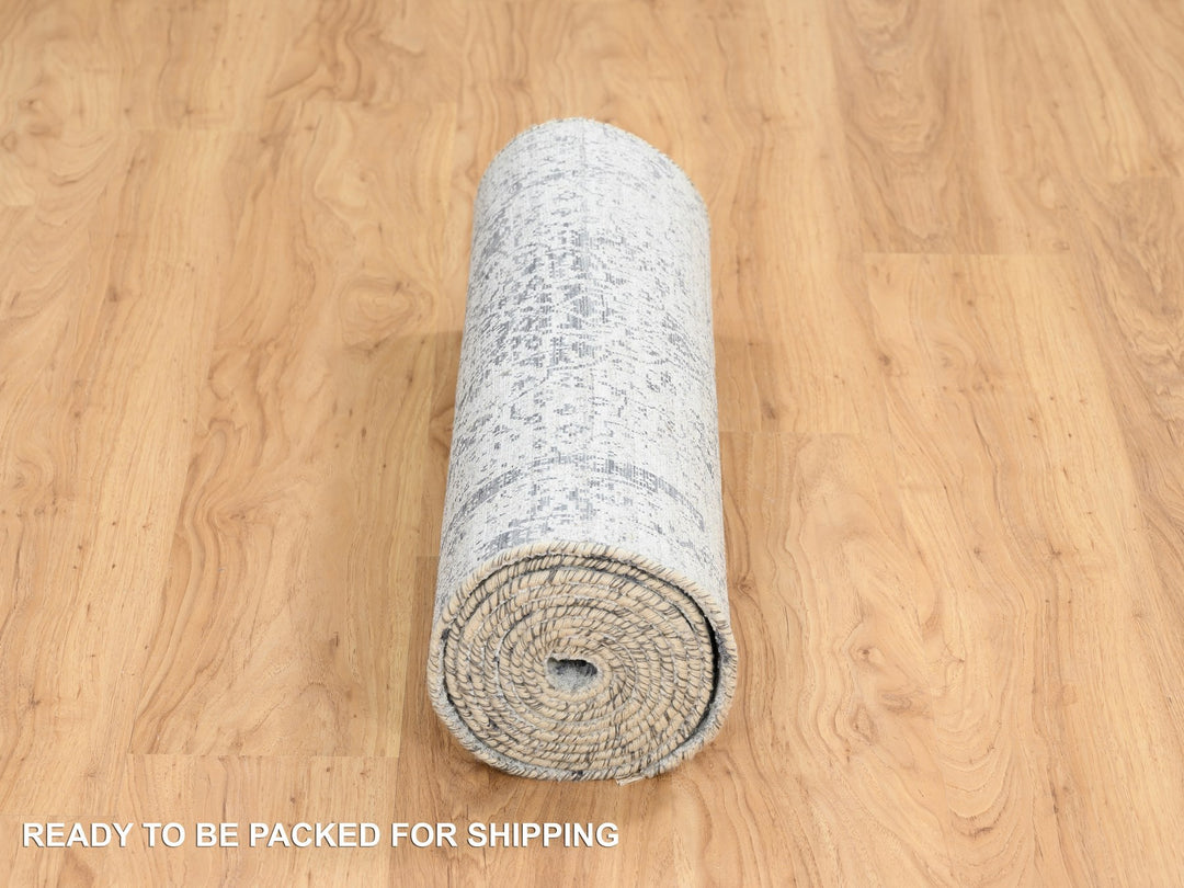 2'7" x 12'0" New Hand Knotted Grey Wool & Silk Runner Oriental Rug - MOA10264834