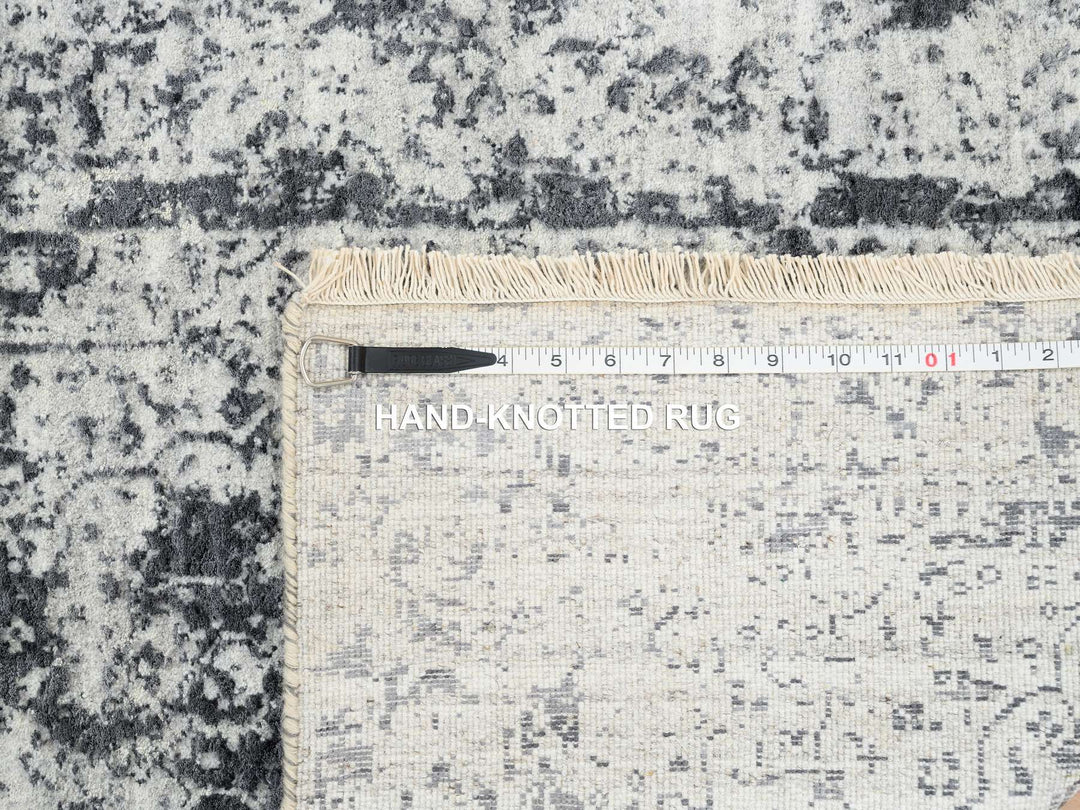 2'7" x 12'0" New Hand Knotted Grey Wool & Silk Runner Oriental Rug - MOA10264834