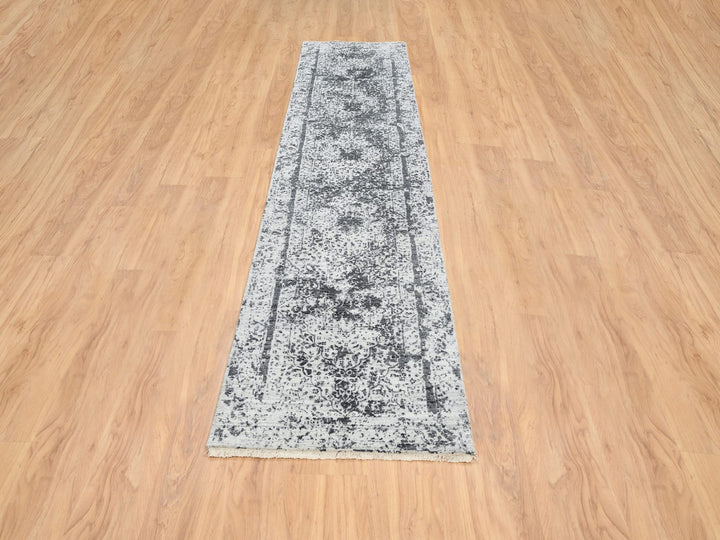 2'7" x 12'0" New Hand Knotted Grey Wool Runner Oriental Rug - MOA10264837