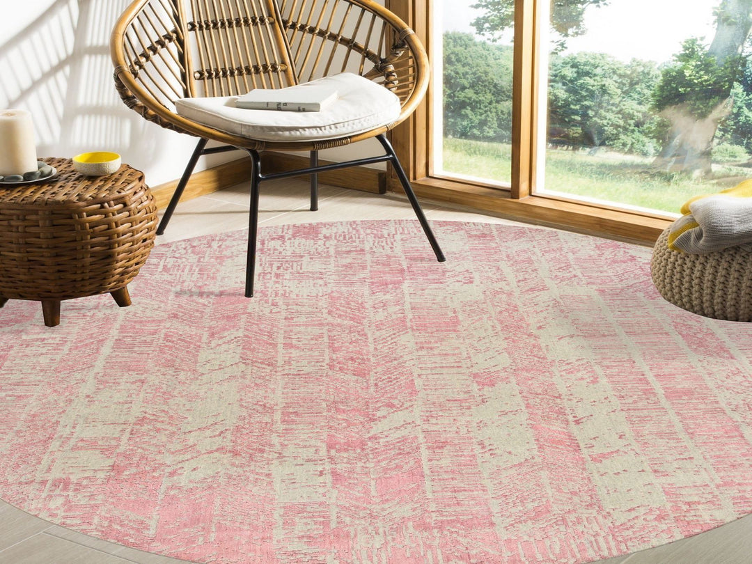10'0" x 10'0" New Hand Loomed Pink Wool & Silk Round Oriental Rug - MOA10264842
