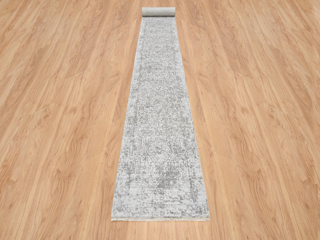 2'7" x 23'9" New Hand Knotted Grey Wool Runner Oriental Rug - MOA10264844