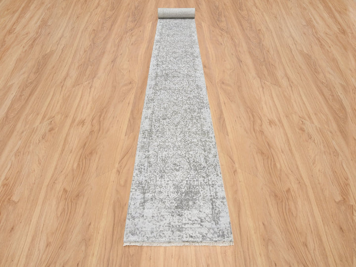 2'7" x 23'9" New Hand Knotted Grey Wool Runner Oriental Rug - MOA10264844