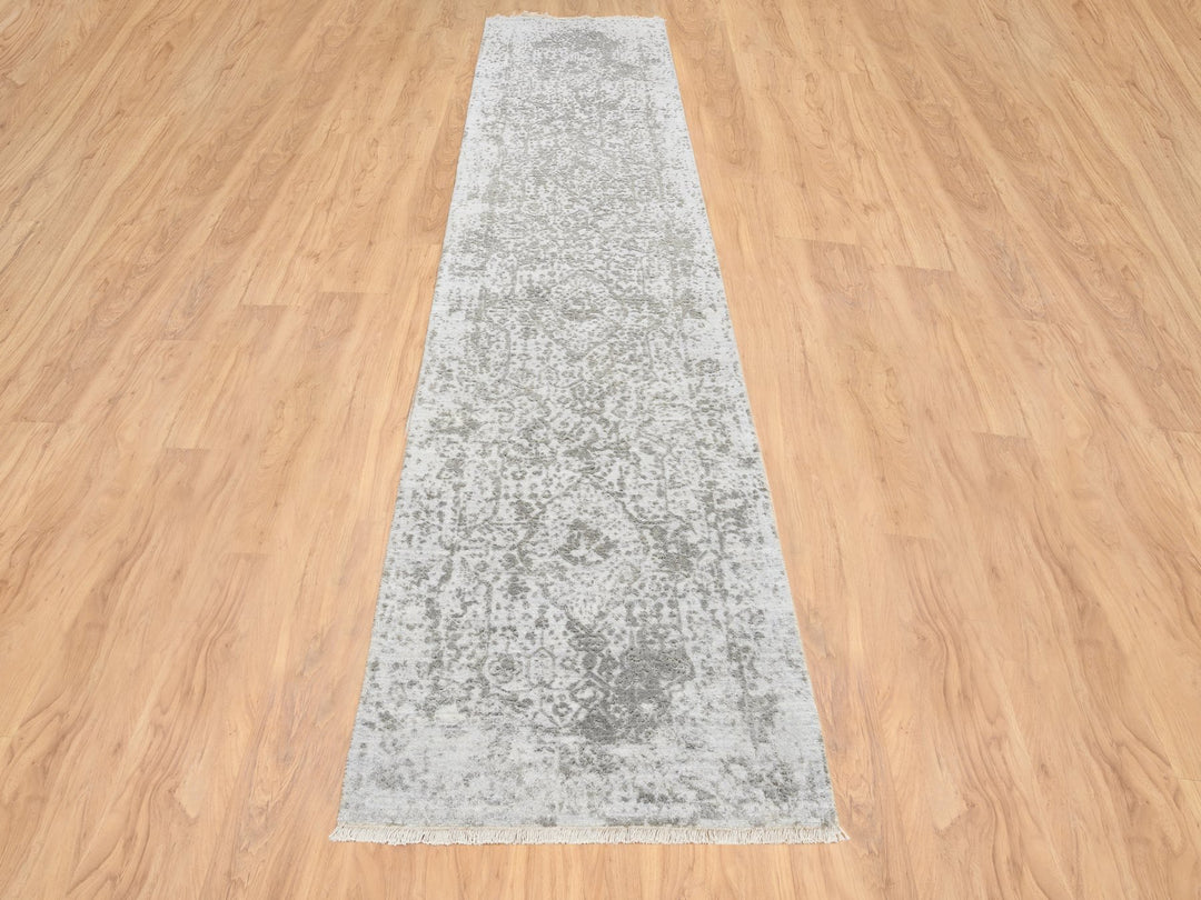 2'6" x 12'1" New Hand Knotted Grey Wool & Silk Runner Oriental Rug - MOA10264845
