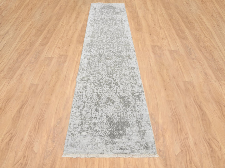 2'6" x 12'1" New Hand Knotted Grey Wool & Silk Runner Oriental Rug - MOA10264845