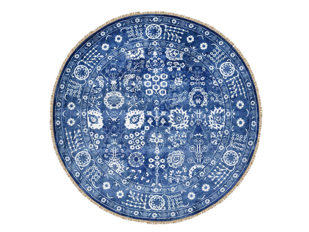 10'2" x 10'2" New Hand Knotted Blue Wool & Silk Round Oriental Rug - MOA10264847
