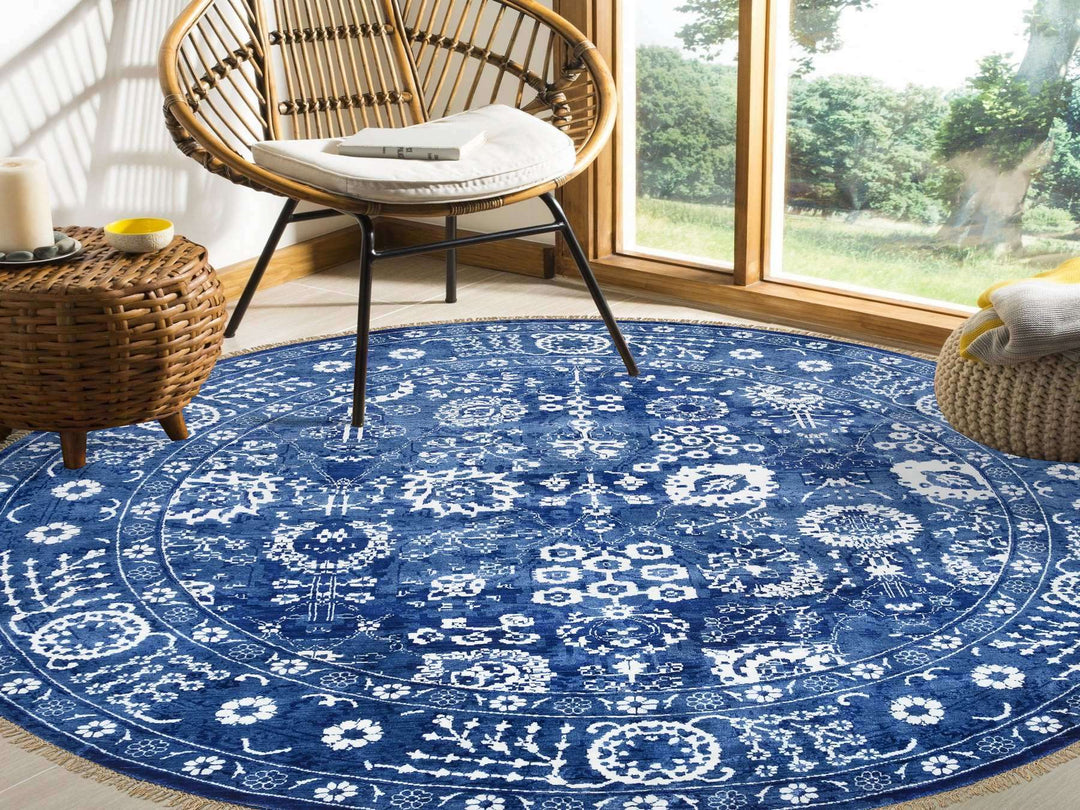 10'2" x 10'2" New Hand Knotted Blue Wool & Silk Round Oriental Rug - MOA10264847