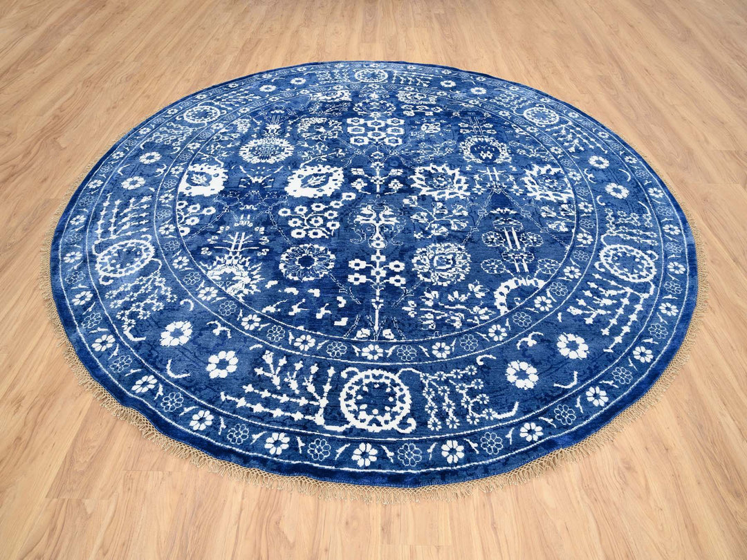 10'2" x 10'2" New Hand Knotted Blue Wool & Silk Round Oriental Rug - MOA10264847